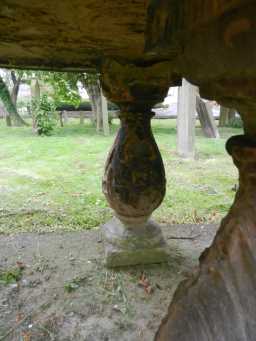 Oblique view of detail on middle back leg of Grey Tomb at St Margaret, Tanfield May 2016